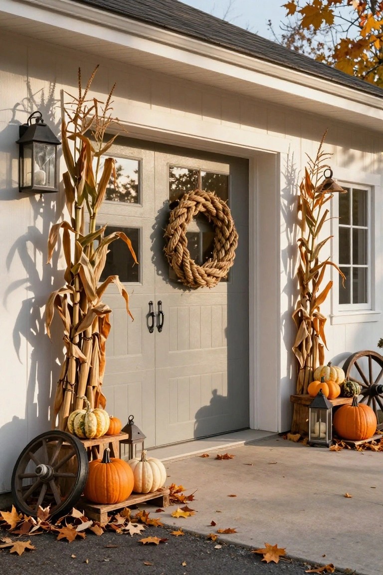 Gray shingled house porch decorated for Halloween with stacked hay bales, a scarecrow figure, assorted pumpkins and gourds, cornstalks, lanterns, and potted mums.