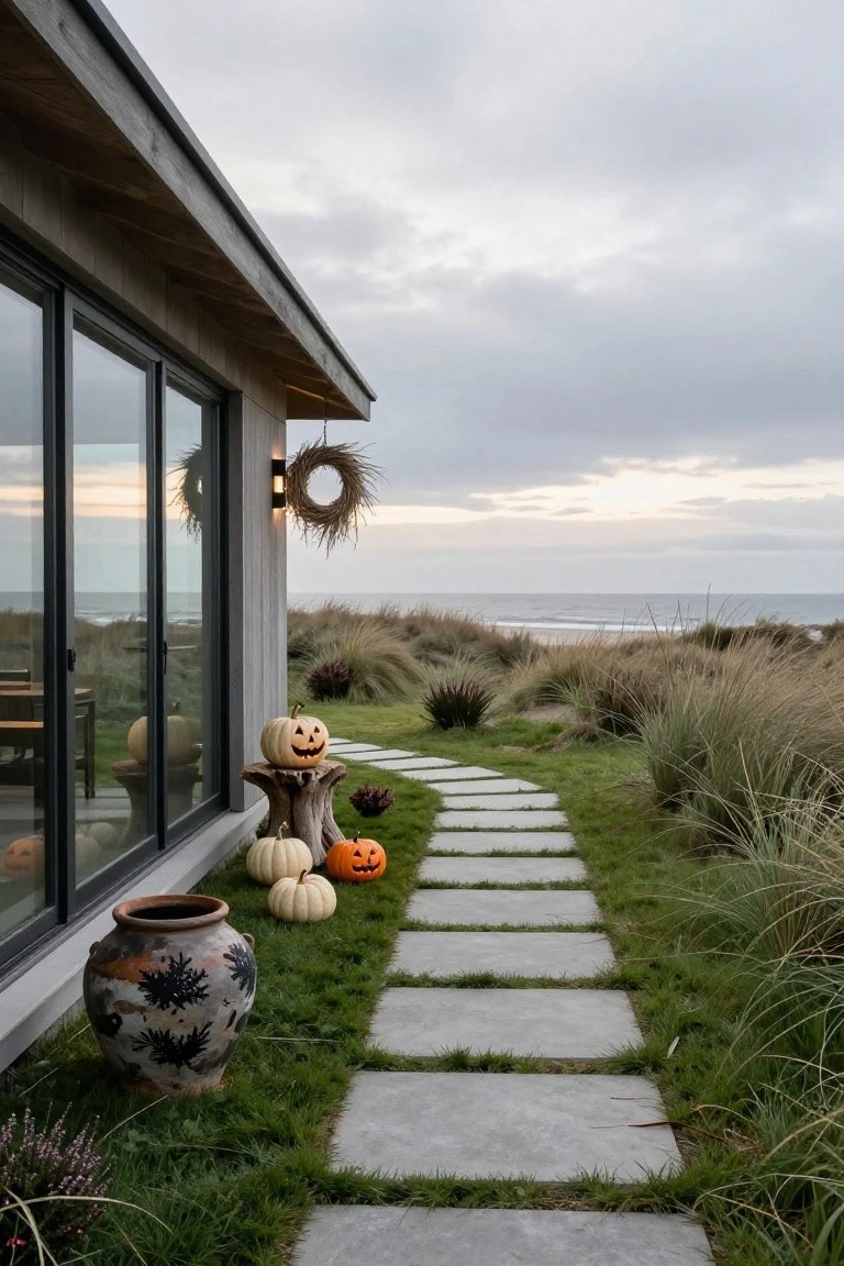 Gray shiplap garage with open double doors and hanging pendant lights over a wooden dining table on a patio decked with pumpkins, candles, potted plants, and burlap sacks.