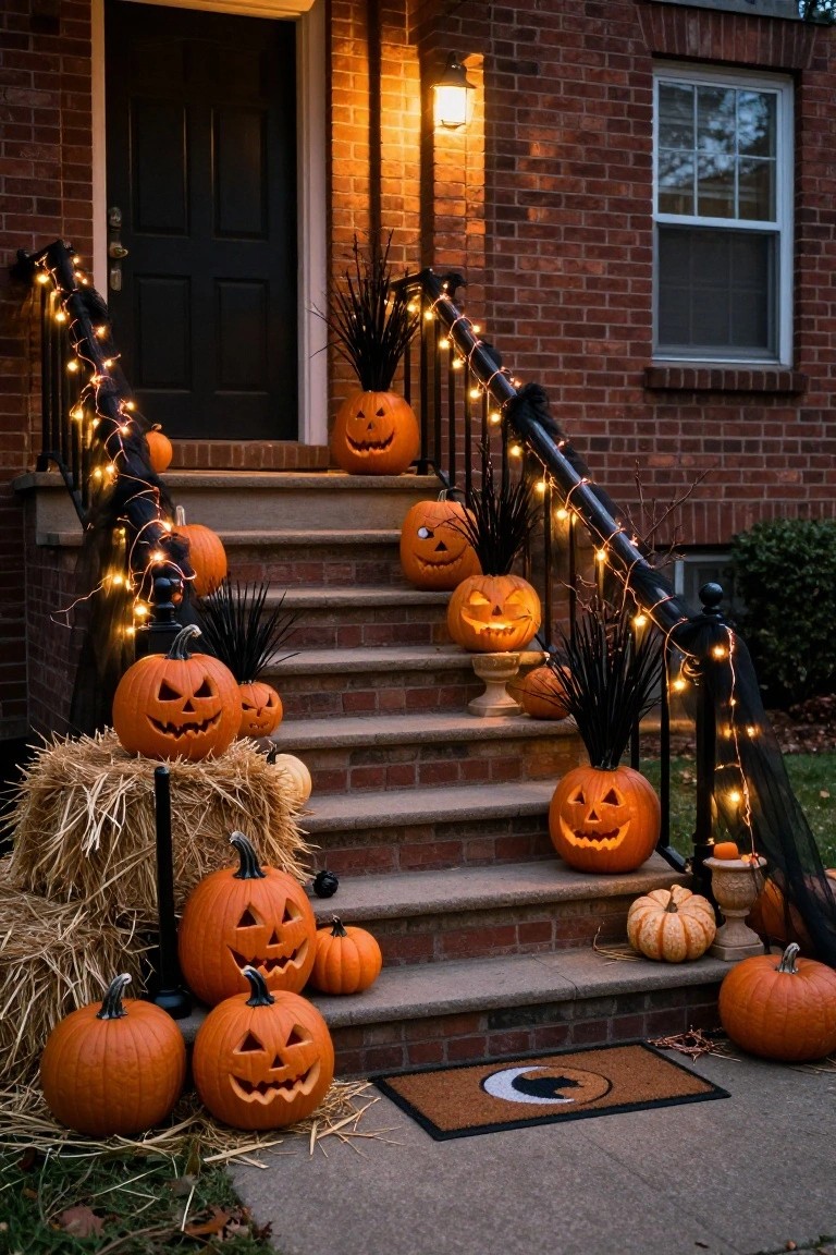 Modern house exterior with gray concrete facade, large black-framed windows and door, featuring several large white pumpkins, hay bales, a cushioned bench, potted red grasses, and orange mums on a concrete landing.