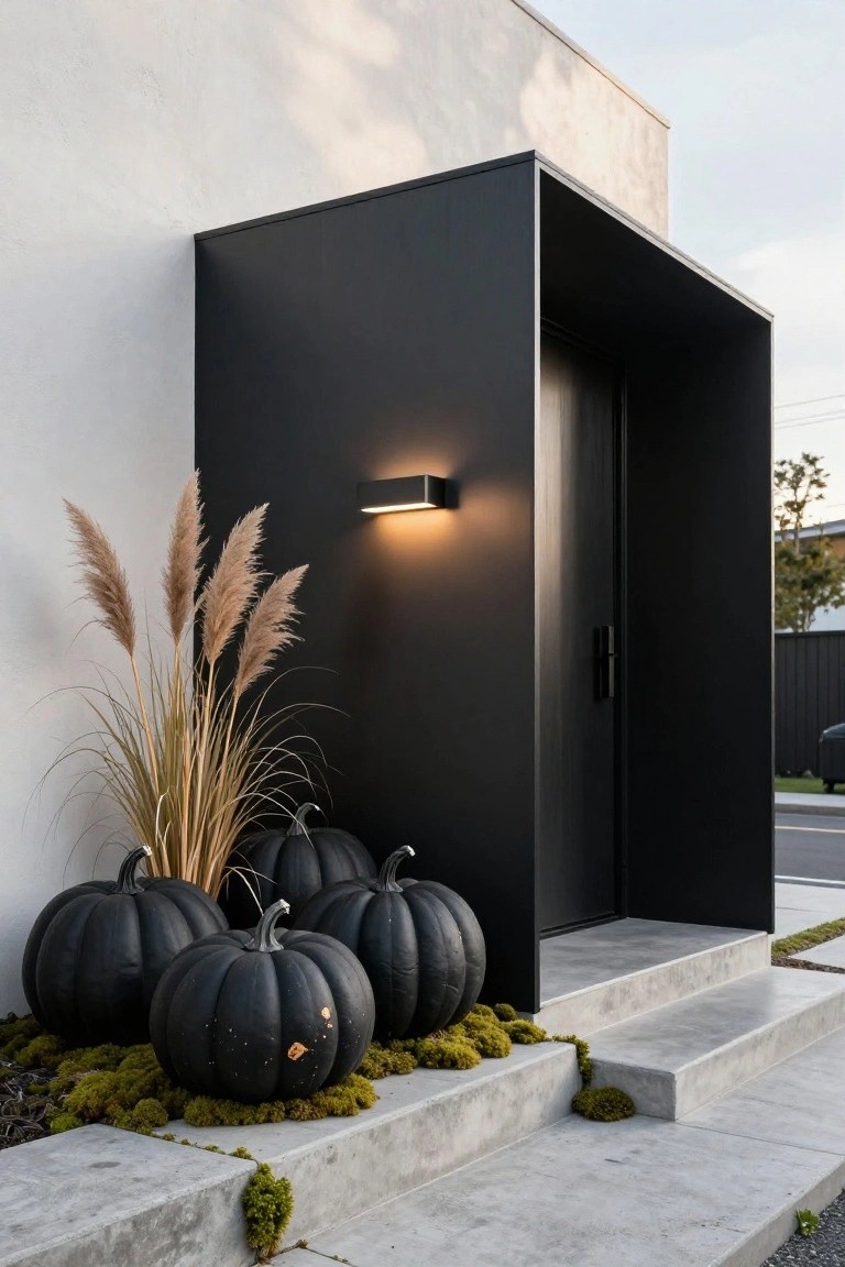 Gray clapboard house porch at dusk with black leather armchair draped in plaid blanket, broom propped nearby, black pumpkin, candles in glass jars on wooden crates, wreath on door, and landscaping along stone wall.