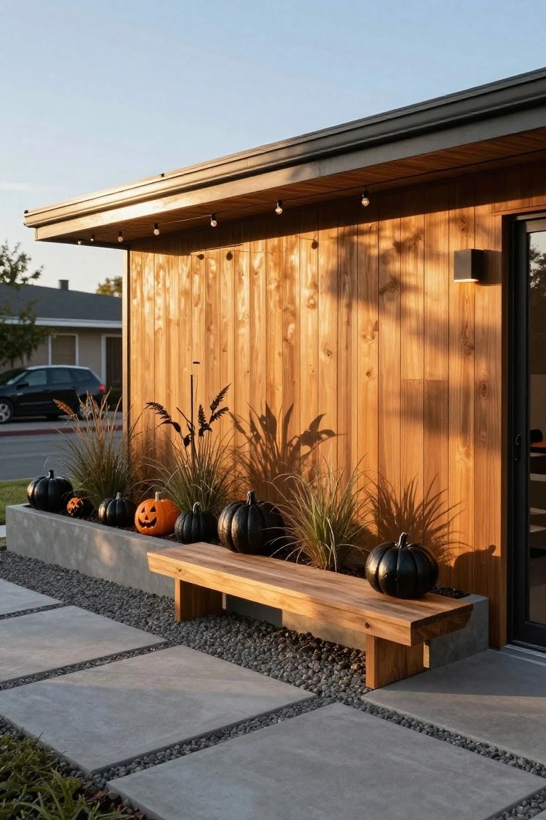 White house exterior with gray front door, black wreath, orange pumpkins, potted succulents, string lights on black railing, and chalkboard sign reading 