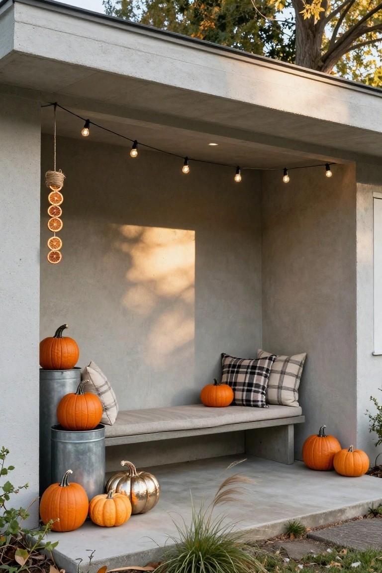 Brick house exterior with front steps decorated by stacked orange pumpkins, potted orange mums flanking the door, fall leaf wreath with black bow on brown door, black lanterns, and fall shrubs.