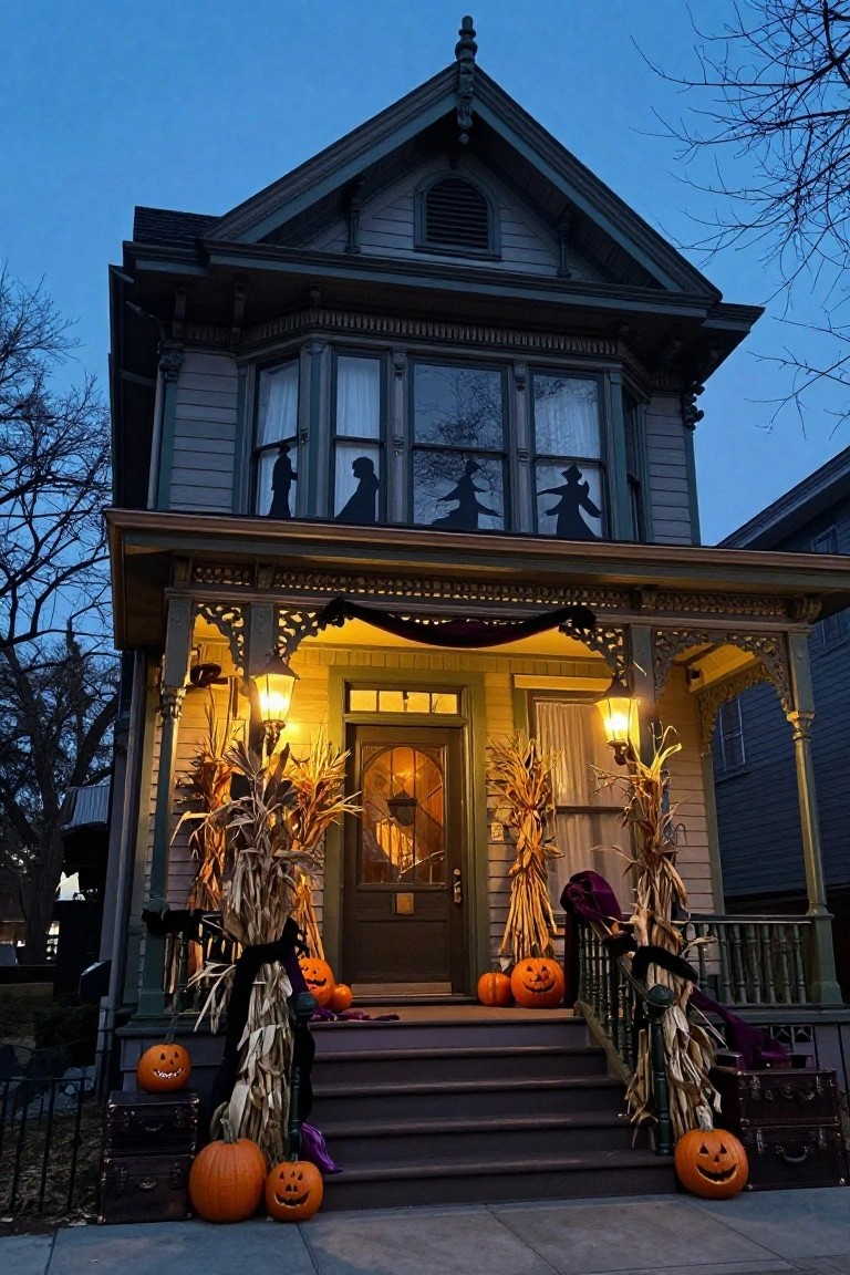 Red brick house front entrance with black door and green wreath, orange mum planters flanking the steps, multiple white pumpkins on steps and ground, black-and-white checkered doormat, lanterns on either side, and fall leaves on brick pathway.