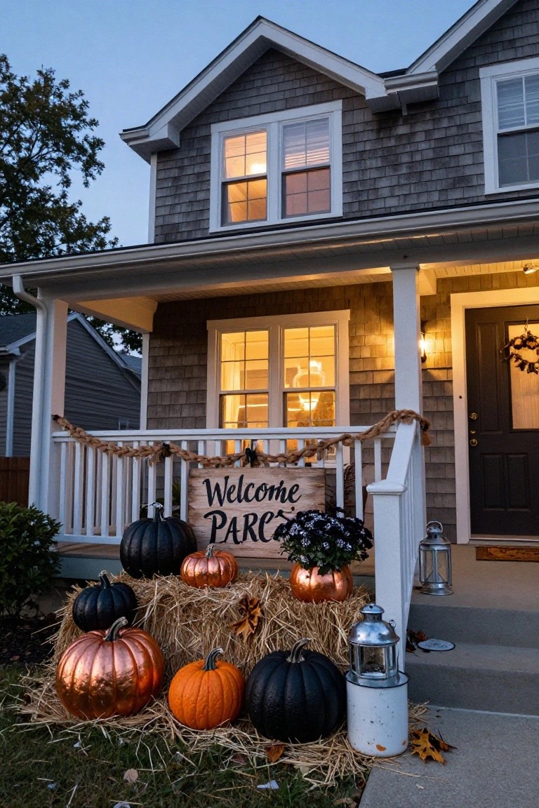 Gray shingled beach house front door with driftwood wreath, lit black lanterns, clusters of white pumpkins on wooden porch steps flanked by potted grasses, pebbles and fall leaves on the ground at dusk.