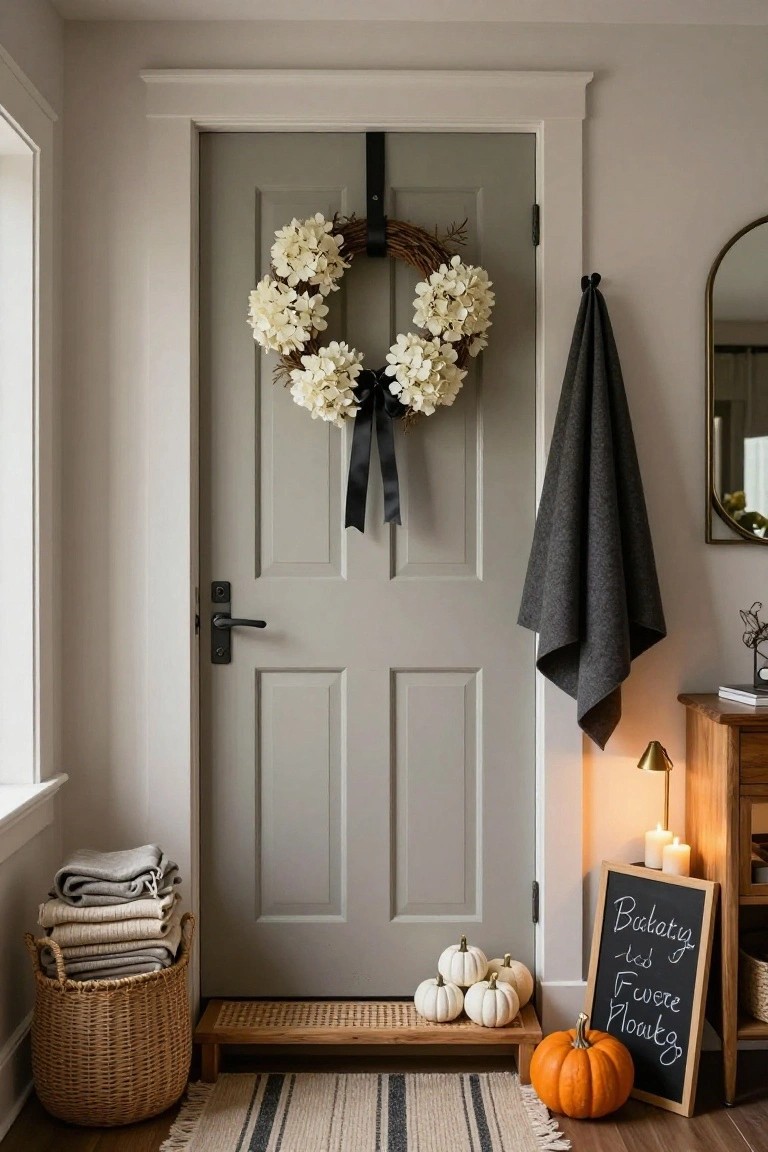 Interior entryway with a yellow arched paneled door decorated by a wreath of eucalyptus leaves and fall elements with burlap bow, wooden console table holding white pumpkins and orange hydrangea bouquet in glass vase, brass pendant light overhead, black and white family photos on walls, umbrella stand, and seagrass basket.