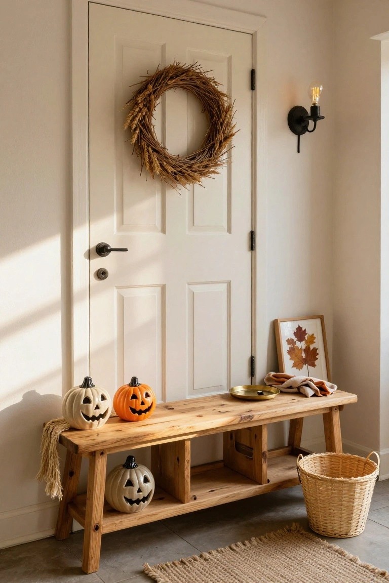 Black front door with black paper bat cutouts attached, a beige straw hat hanging from a hook on the door, coat hooks on the wall, wooden bench with folded linens, pampas grass in terracotta pot, and seagrass rug in a white entryway.