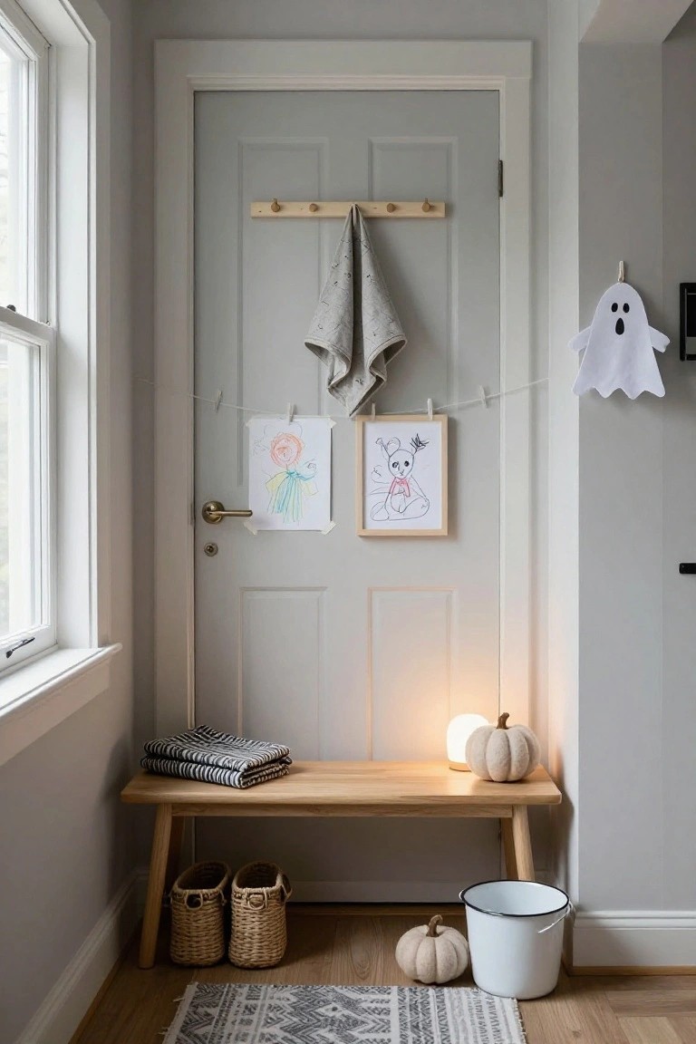 Gray paneled door with black geometric paper wreath hanging centered on it, black metal side table nearby holding stacked white pumpkins, gray throw, and magazines, seagrass mat on polished concrete floor in entry space.