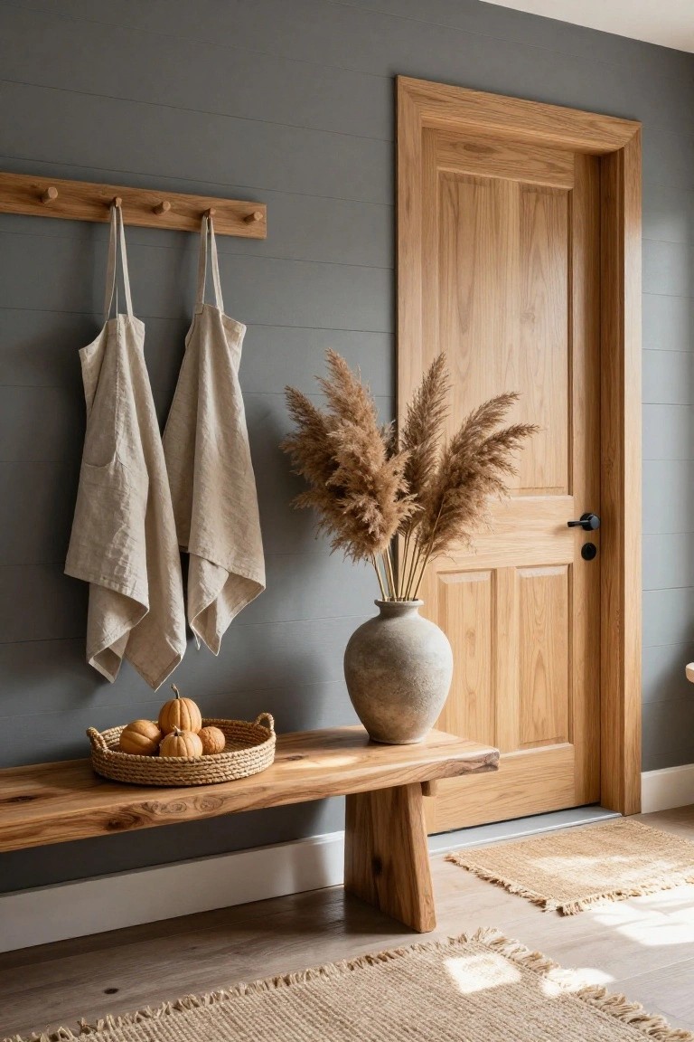 Glass double doors with a black wreath hanging on them, a black marble console table holding candles beside the doors, abstract black painting on the wall, and a dark rug on a parquet wood floor.