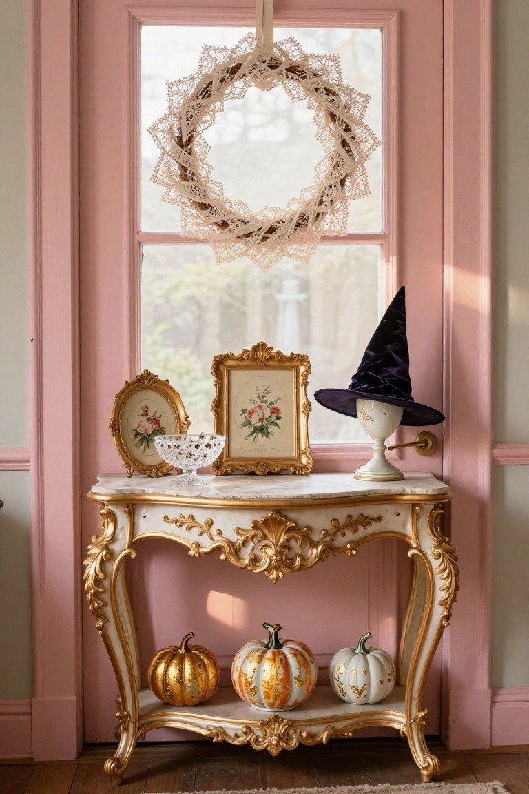 Yellow-painted wooden crate cabinet with a door, decorated with hanging orange paper maple leaves and red berries, white pumpkins on top and inside lower crates, potted orange flower plant, gold mirrors, and green broom leaning nearby on a jute rug in a light indoor corner.