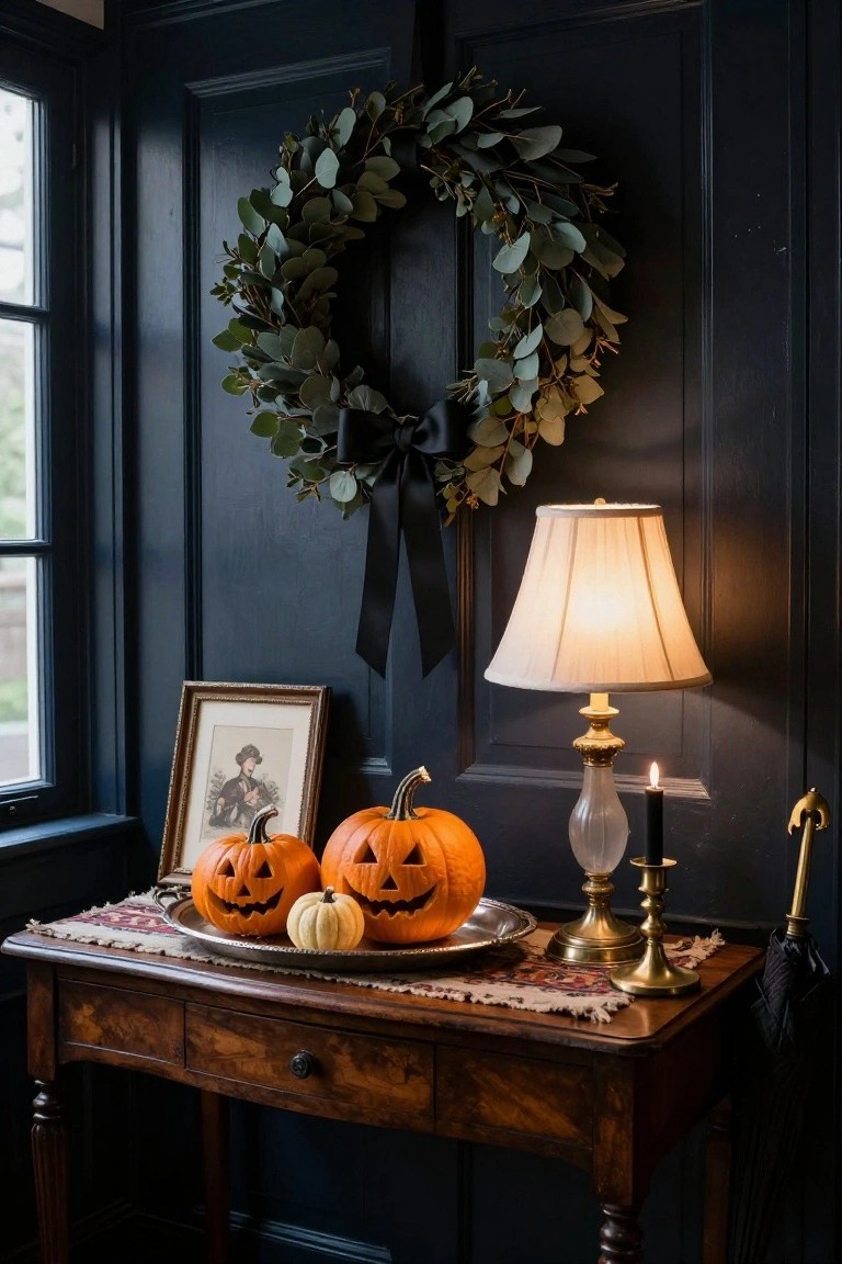 Indoor entryway with wooden console table holding three pillar candles, jack-o-lantern pumpkin, and glass vase of eucalyptus next to a dark front door with copper skull wreath.