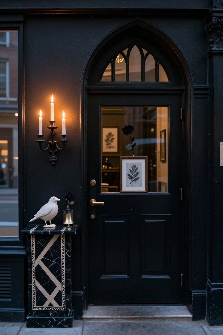 Indoor entryway featuring exposed brick walls, a glass door with burlap wreath and bell, small orange and black pumpkins on a metal bench, metal cabinet, wooden shelves with glass bottles, and a seagrass rug.