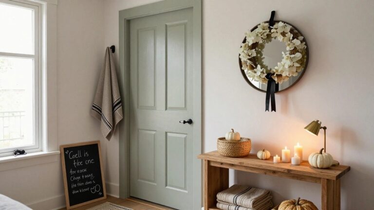 Interior entryway with a yellow arched paneled door decorated by a wreath of eucalyptus leaves and fall elements with burlap bow, wooden console table holding white pumpkins and orange hydrangea bouquet in glass vase, brass pendant light overhead, black and white family photos on walls, umbrella stand, and seagrass basket.