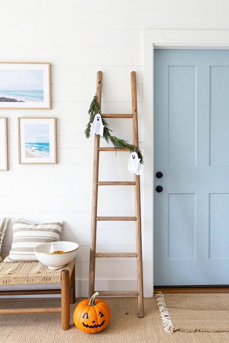 Modern indoor entryway niche with open oak door, LED-lit wooden shelf holding orange glass pumpkins and abstract framed artwork, beige textured wall with black berry wreath, linen towel on berry-decorated hanger, black door handle, white vase, and beige doormat on speckled tile floor.