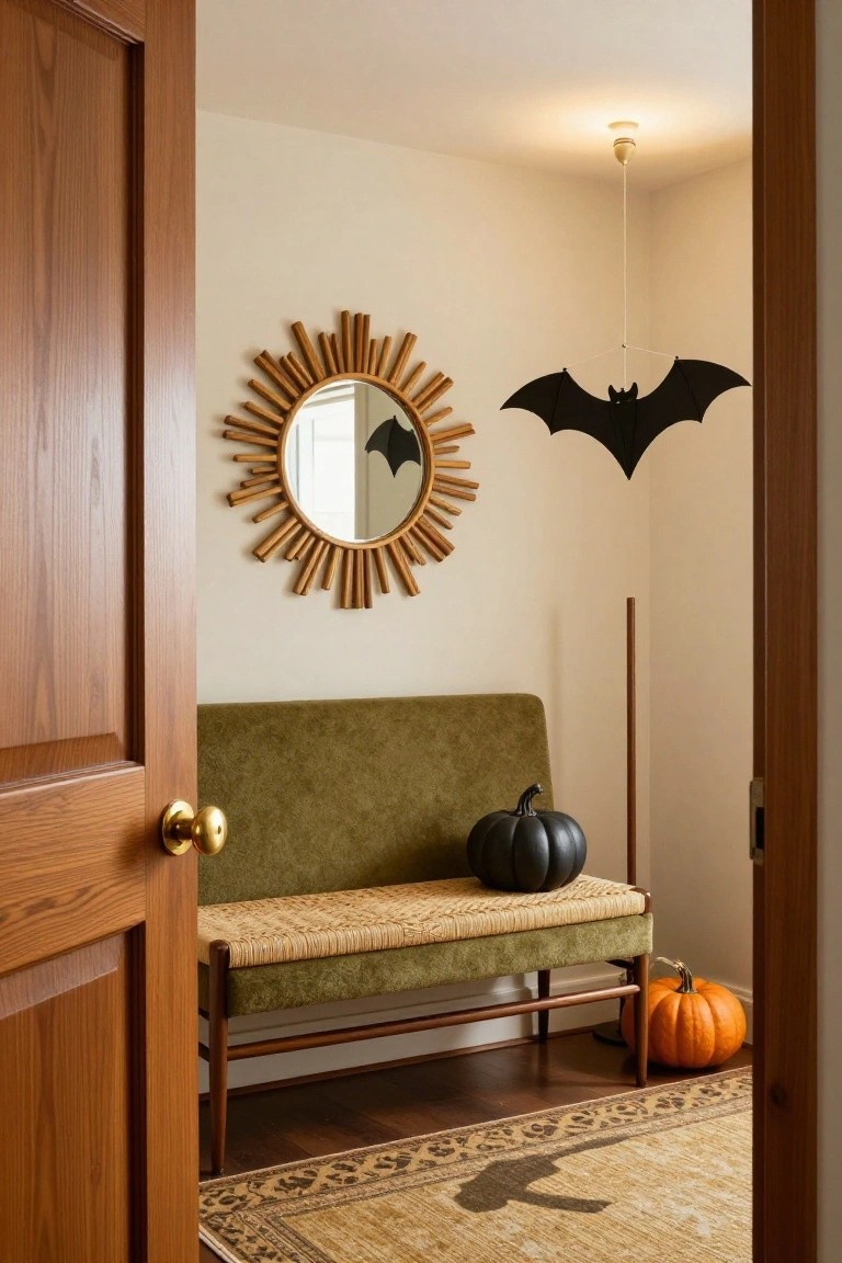 Modern minimalist indoor entryway with white walls, a hanging black spider decoration beside a walnut wood door, a small orange pumpkin on a black shelf, black benches with linen cloth, and polished concrete floor.