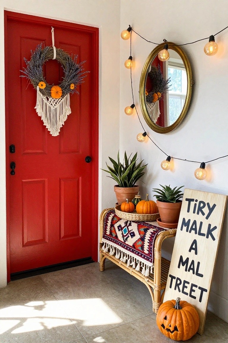 Wooden double door covered by black lace curtain with hanging golden skeleton keys, beside a marble side table holding books, a stained glass lamp, umbrella, and small pumpkin in a vintage interior room.