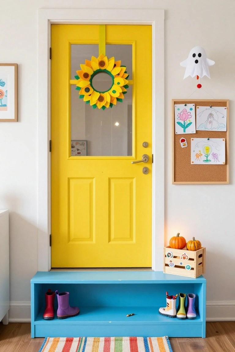 Wooden interior door with a hanging wreath of wheat stalks and orange accents, snake plant in a pot, floor lamp, chair, clock on white wall, and beige rug on concrete floor