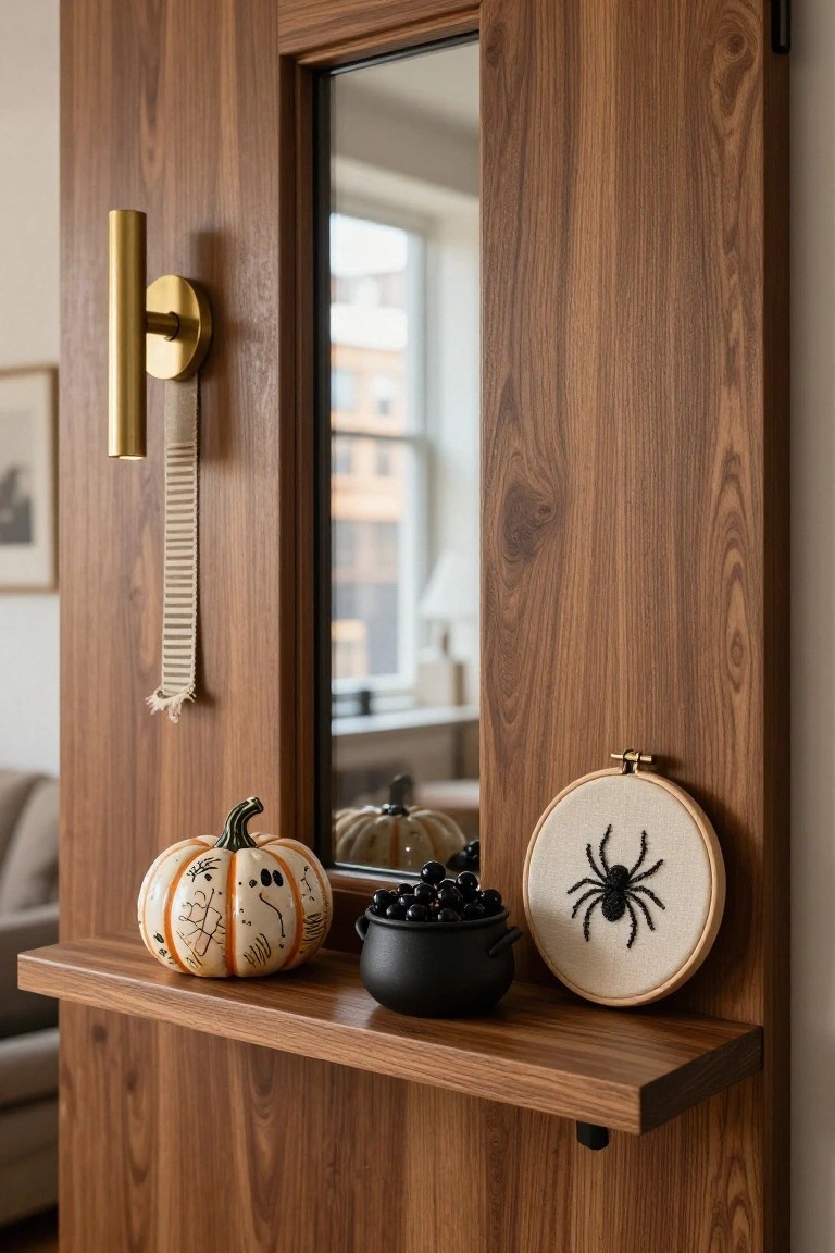 White paneled interior door with eucalyptus and orange wreath hanging on it, orange and white pumpkins plus enamelware pots on wooden bench nearby, neutral linens draped on window sill and in wicker basket, botanical print on wall.