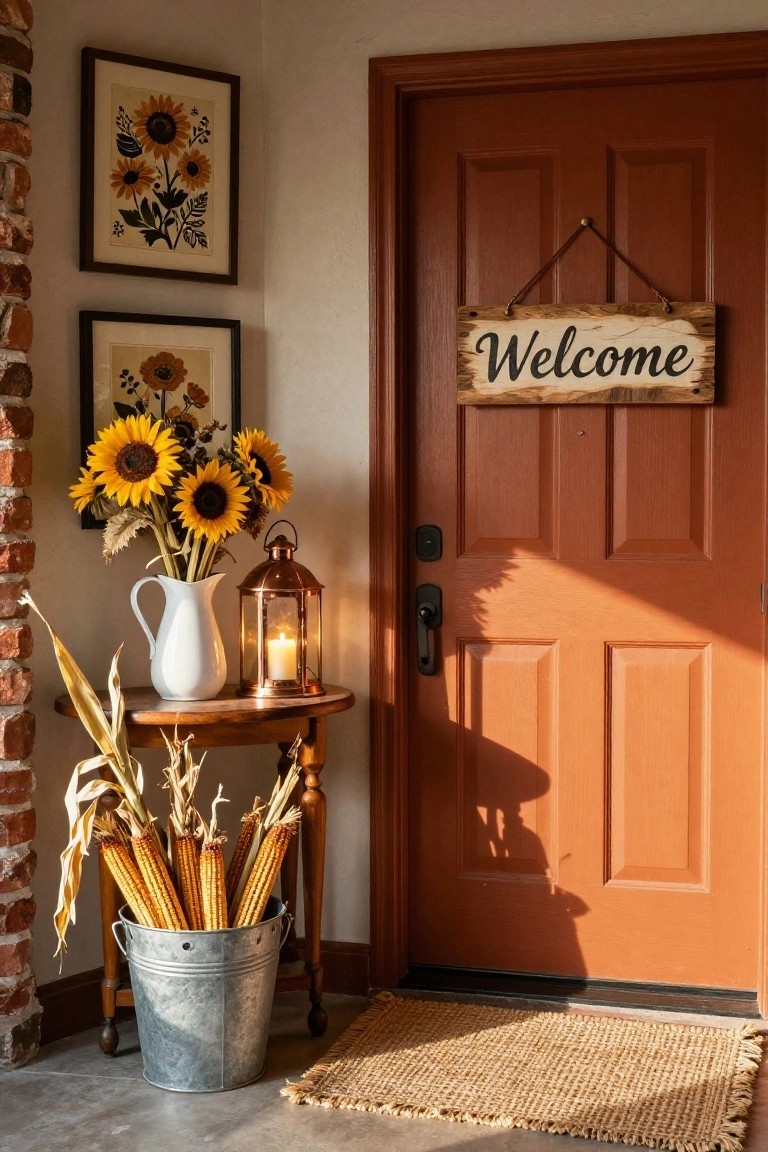 Rustic wooden entry door with red plaid wreath, flanked by wooden coat hooks with antlers, fox figurines, stacked blankets on a bench, tall boots, and small pumpkins on a woven rug in a wood-paneled interior.