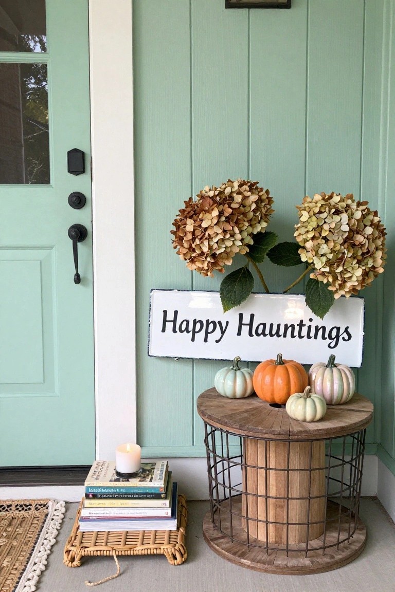 Modern indoor entryway with light beige door, black-handled knob, glowing twig wreath on white wall, slim black-framed mirror holding daffodils in vase, wooden bench draped in black throw, and pair of beige gourd-shaped vases.