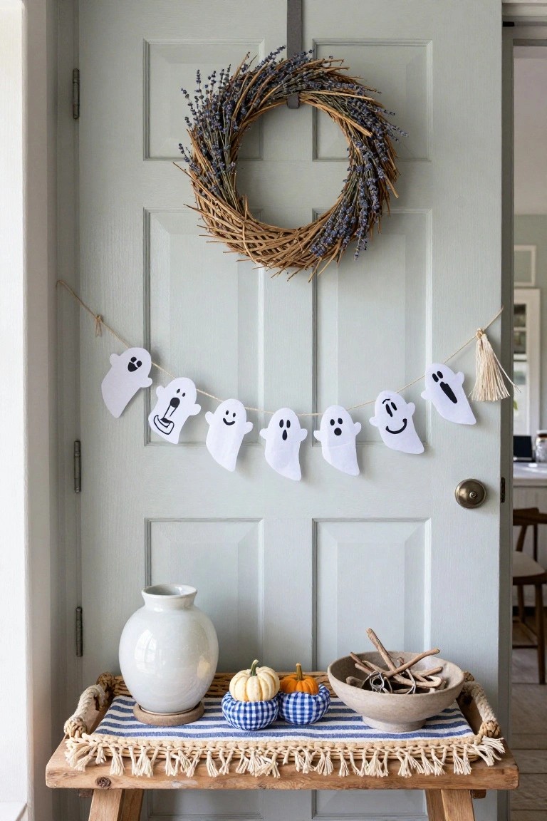 White interior door with multicolored felt monster wreath, surrounded by children's artwork frames, a 