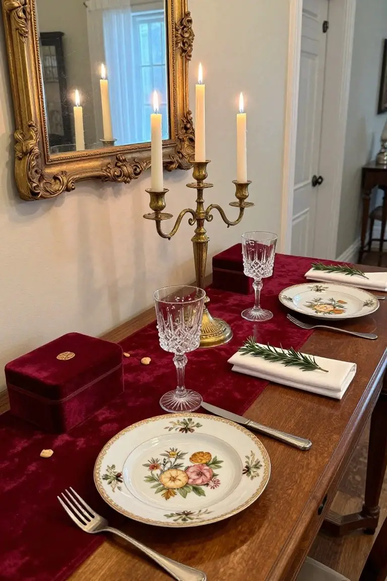 Wooden console table set for a vintage Christmas meal for two, featuring brass candelabras with lit candles, crystal glasses, floral china plates on red velvet runner, rosemary sprigs, and scattered petals, beside a gilded mirror.