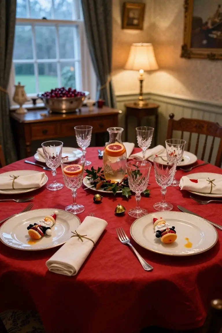 A round dining table covered with a red tablecloth, set for Christmas with white plates topped by snowman figures, crystal glassware, a pitcher of sliced oranges, holly sprigs, gold bells, and tied napkins in a wallpapered room with window and lamp.