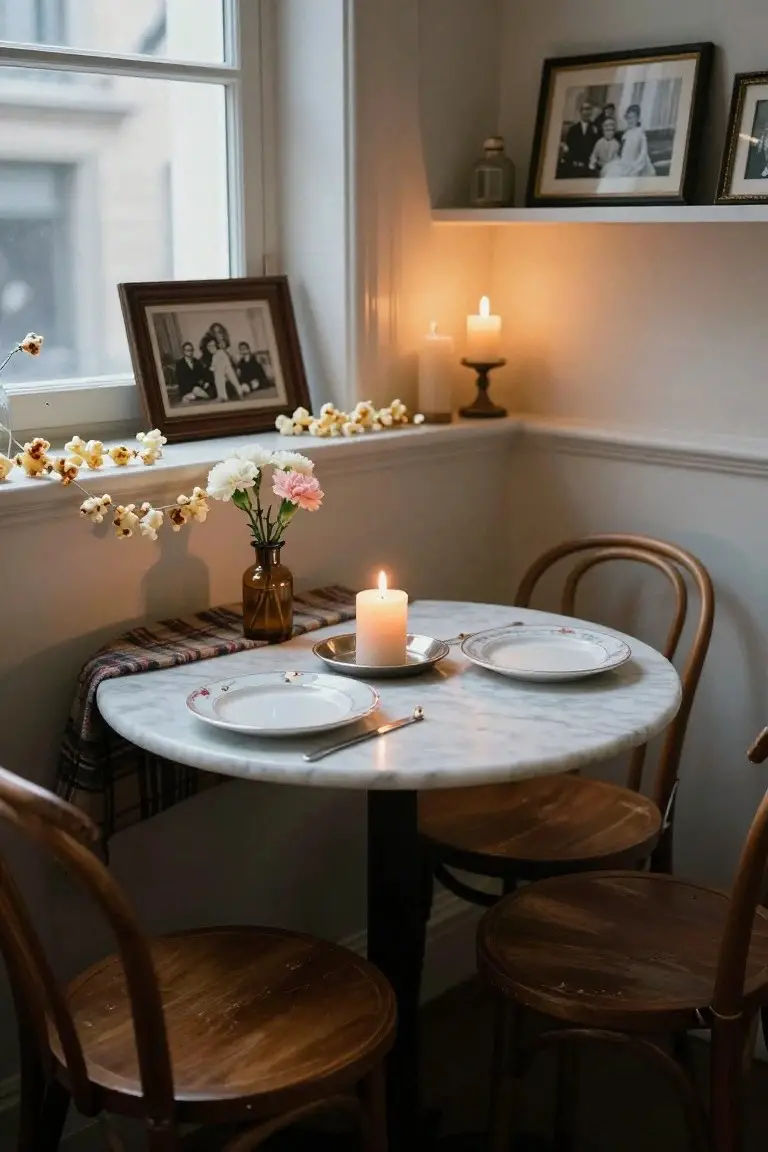Small round white marble table in a corner by a window, set for two with white plates, candles, flowers in a glass bottle, popcorn garland on the sill, and framed family photos on shelves.