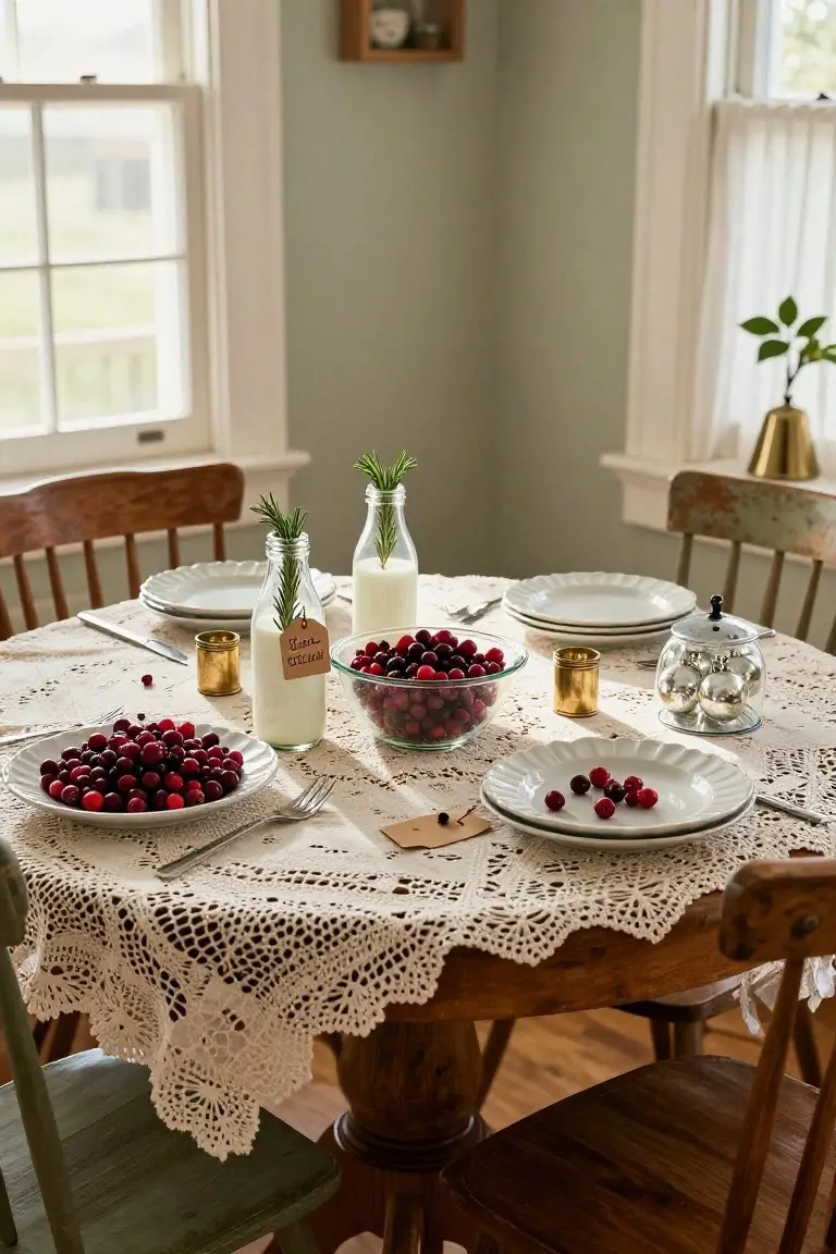 Wooden round dining table draped in white lace tablecloth holding glass bowls and white plates filled with fresh red cranberries, flanked by a milk bottle with rosemary, brass candle holders, and a jar of gold ornaments in a light green interior room with wooden chairs.