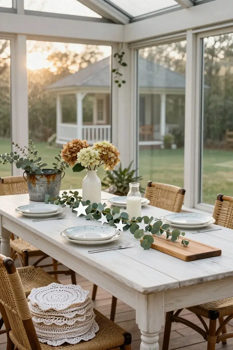 Glass sunroom with whitewashed wooden table set for Christmas dinner, featuring eucalyptus garland with white paper stars as runner, galvanized bucket of hydrangeas and eucalyptus, milk bottles, white plates, rattan chairs, and garden view through windows.