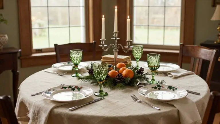Wooden dining table set for Christmas with green pine-patterned glasses, white plates with green leaf trim, silver candelabra holding lit candles, pine branches, oranges, pinecones, and a white gravy boat as centerpiece, large windows showing gray outdoor view in background.