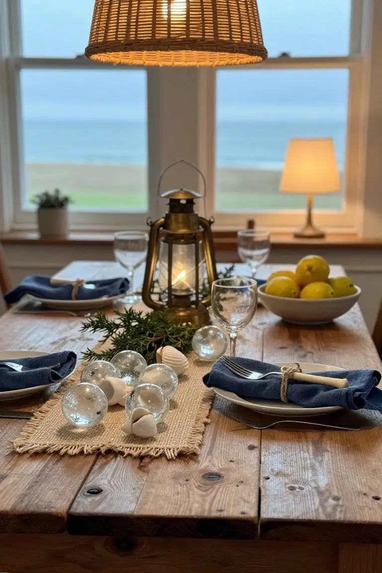 Dining table set for Christmas with clear glass baubles containing shells, evergreen branches, lemons in a white bowl, brass lantern, blue napkins tied with rope, wine glasses, and rattan pendant light overhead, sea view through window.