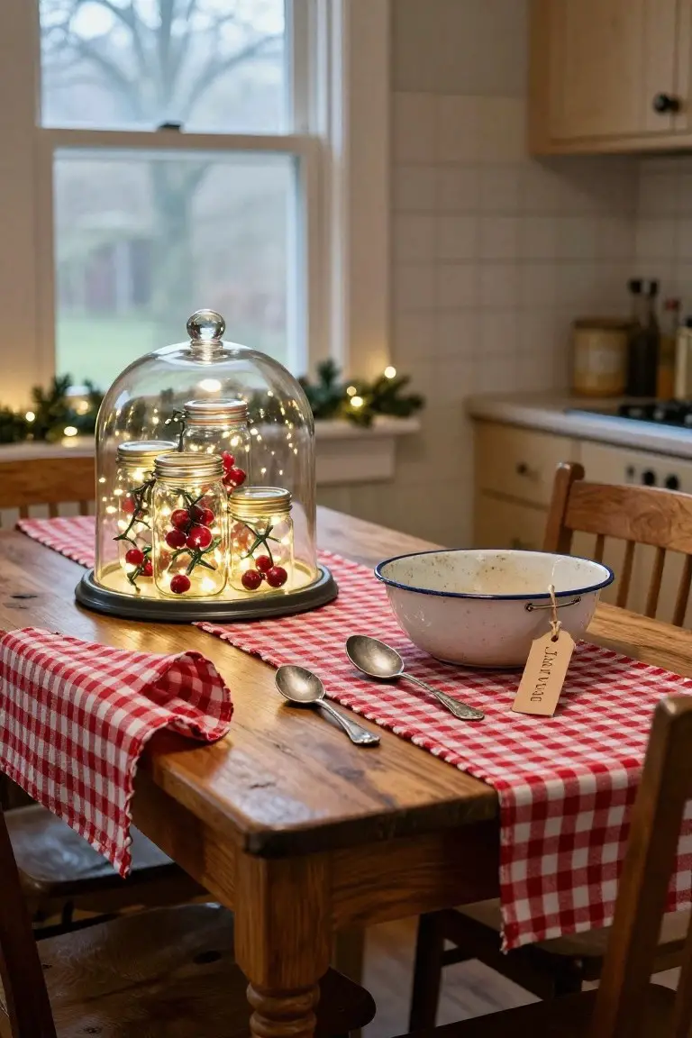 Kitchen dining table with a glass dome cloche covering mason jars filled with fairy lights and red cherries on a red checkered tablecloth, enamel bowl nearby, wooden chairs, and window view in background.