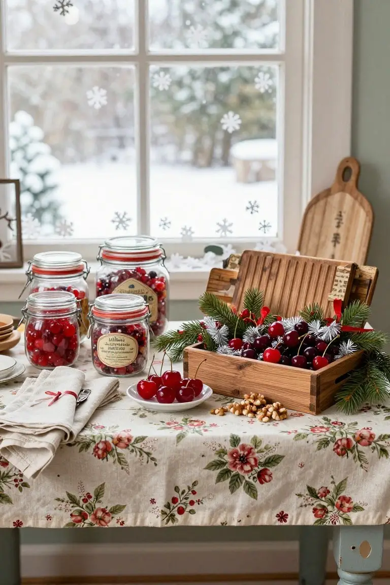 Glass jars filled with red cherries arranged on a floral tablecloth with a wooden box of cherries, pine branches, nuts, and a white plate of cherries next to a snowy window.