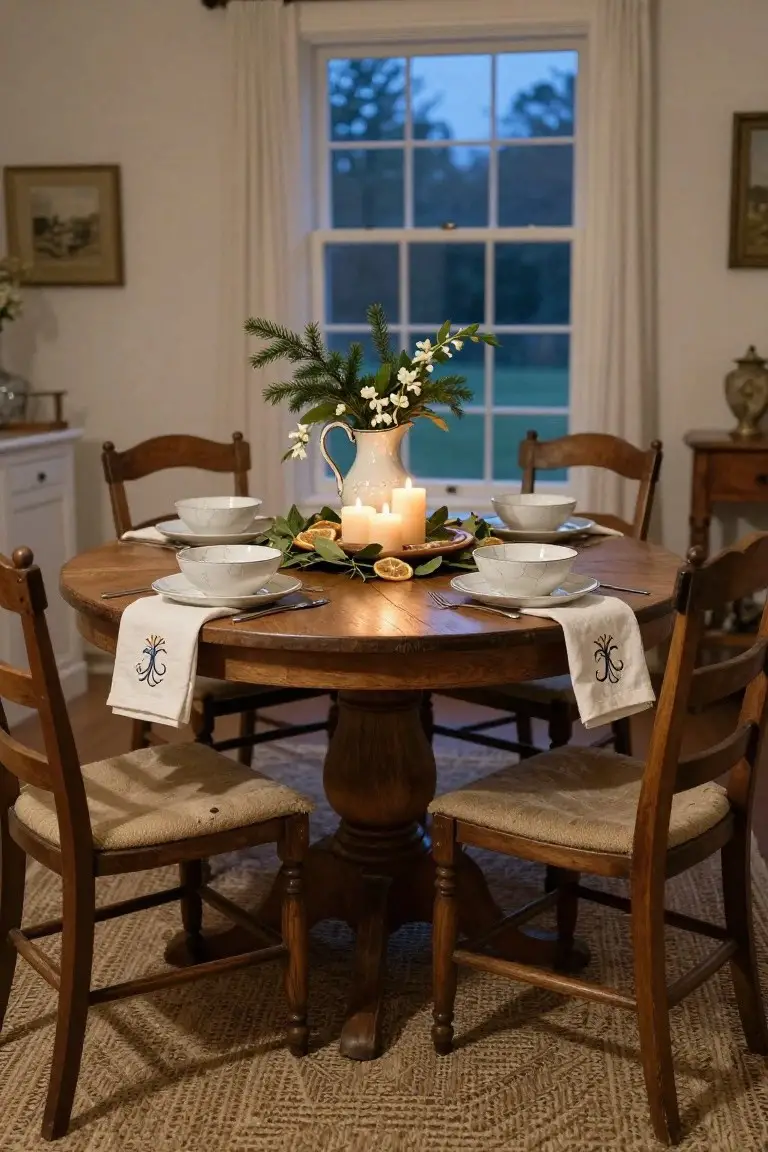 Round wooden dining table set with white bowls on plates, fir branches, white flowers, orange slices, candles, and a white pitcher as centerpiece, flanked by wooden chairs with beige cushions and monogrammed napkins in a room with large window and side tables.
