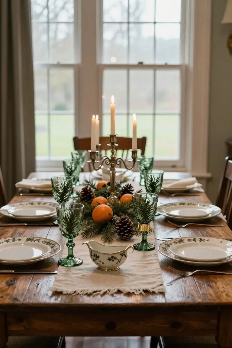 Wooden dining table set for Christmas with green pine-patterned glasses, white plates with green leaf trim, silver candelabra holding lit candles, pine branches, oranges, pinecones, and a white gravy boat as centerpiece, large windows showing gray outdoor view in background.