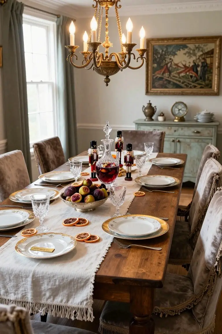 Dining table set with nutcracker figures flanking a sangria pitcher containing oranges and plums, gold-rimmed plates, crystal glassware, and a linen runner under a chandelier in a room with velvet chairs.