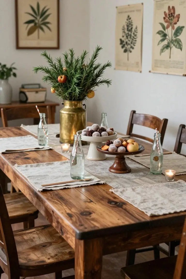 Wooden dining table with brass vase of rosemary branches and small apples or oranges as centerpiece, flanked by glass bottles with striped straws, fruit and donut platters on pedestals, linen runners, and candles.