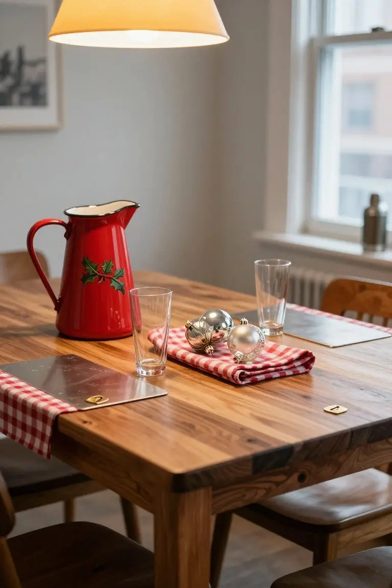 Wooden dining table in a cozy room with a red enamel pitcher decorated with holly leaves, silver Christmas ornaments, checkered red and white napkin, glass tumblers, and wooden chairs.