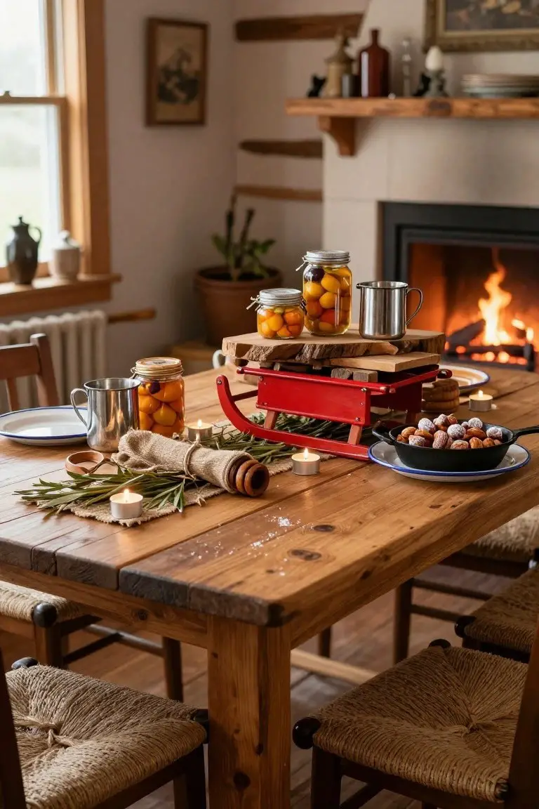 Wooden dining table in a rustic log-walled room with a red vintage sled centerpiece holding jars of preserved fruits and vegetables, evergreen branches, candles, and a pan of roasted nuts, near a stone fireplace.