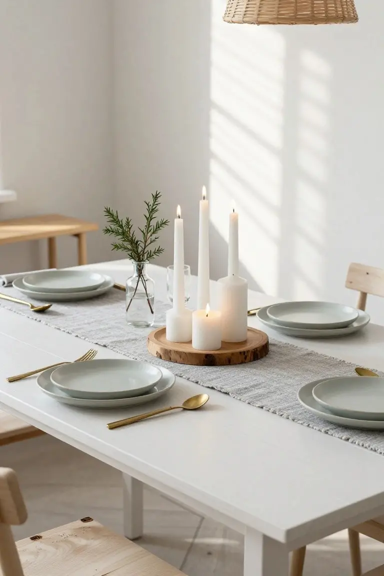 Close-up of a white wooden dining table set with light gray plates, gold flatware, a gray linen runner, small glass vases with greenery, and a centerpiece of several white pillar candles on a round wooden base with bark edges, in a bright room with wooden chairs and natural sunlight.