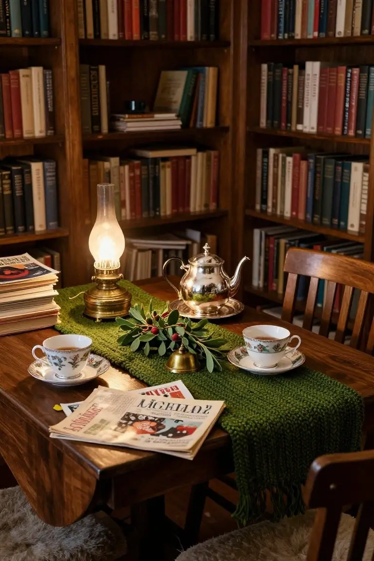 A wooden table in a wood-paneled library with bookshelves, set for tea with a green knitted runner, holly greenery, two white floral teacups on saucers, silver teapot, brass oil lamp, and folded newspapers.