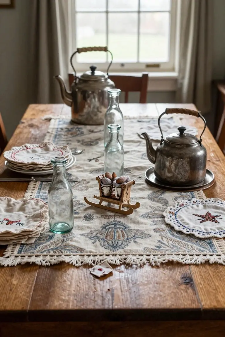 Vintage Bottles and Teapots on the Holiday Table