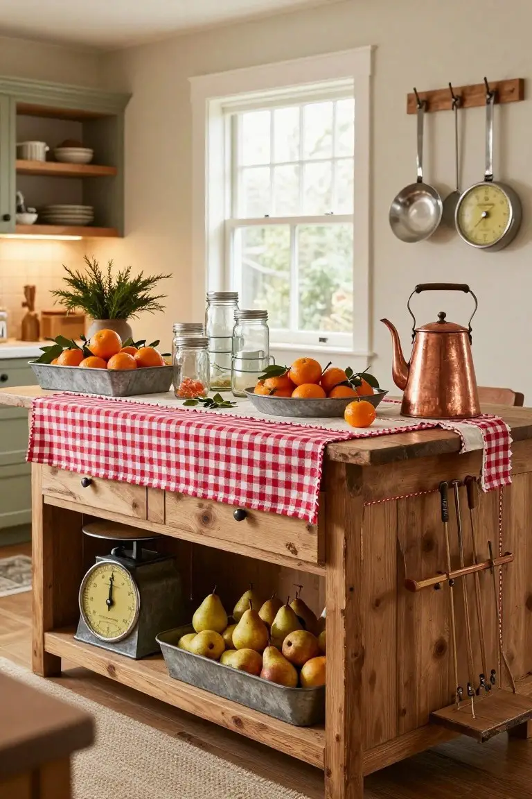 Wooden kitchen island draped with a red and white checkered runner, topped with metal trays of oranges and pears, jars, a brass scale, and a copper kettle, in a kitchen with green cabinets and hanging utensils.