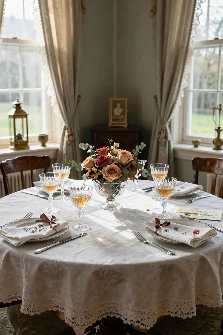 Round wooden dining table in a light green room covered with white lace-edged tablecloth, set for six with crystal coupes filled with amber liquid, gold-rimmed plates, ribbon-tied napkins, silverware, a large crystal bowl of pink and orange roses with eucalyptus, and two extra glasses nearby.