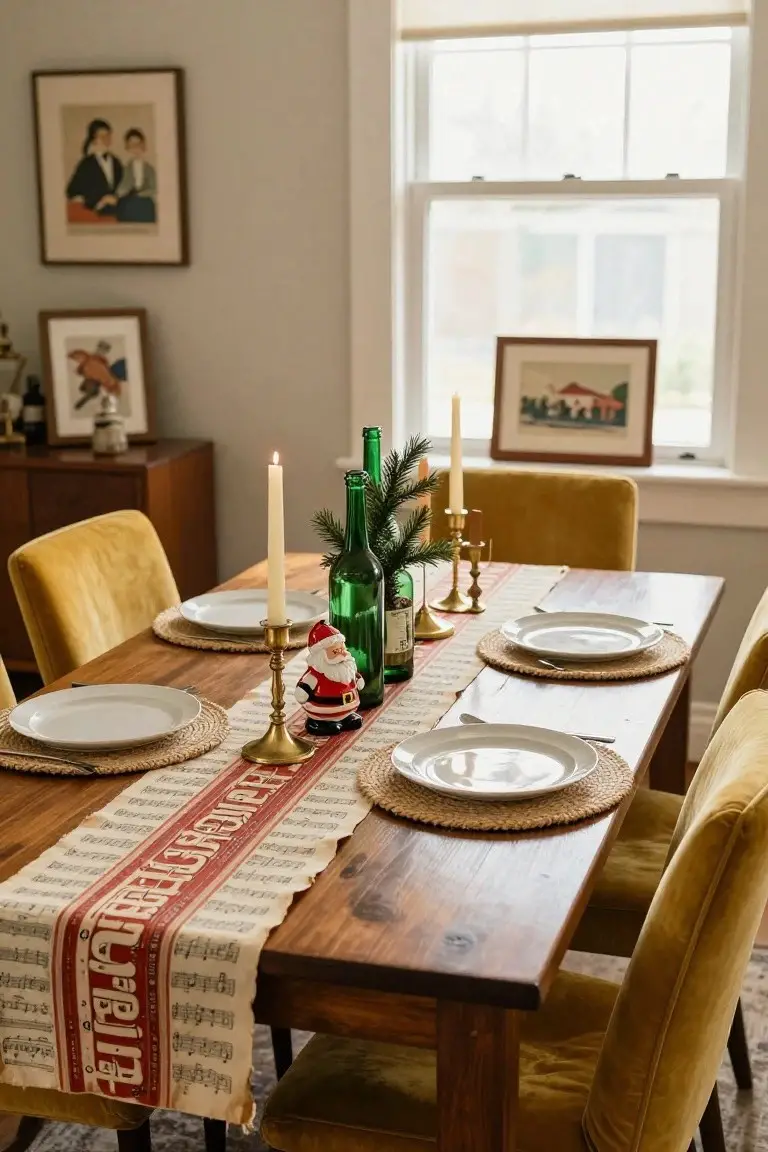 Dining table set for Christmas with a weathered red and black sheet music runner, green glass bottles holding pine sprigs, brass candlesticks with white tapers, a red Santa figurine, white plates on seagrass placemats, and yellow velvet chairs around a wooden table.