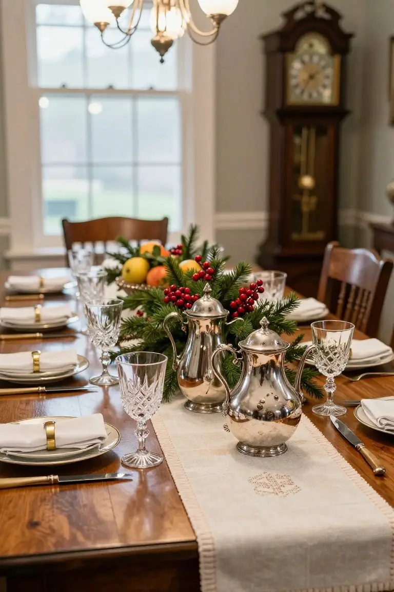 A wooden dining table set for Christmas with white napkins in gold rings, crystal glassware, silver teapots and pitchers, and a centerpiece of oranges, red berries, and pine branches, next to wooden chairs in a room with a chandelier and grandfather clock.