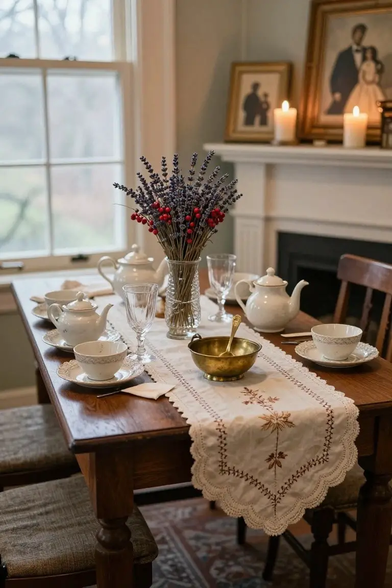 Wooden dining table with beige embroidered lace runner holding multiple white teapots, cups, saucers, glasses, brass bowl with ladle, glass vase of lavender stems and red berries, in a room with fireplace, candles, and framed portraits.