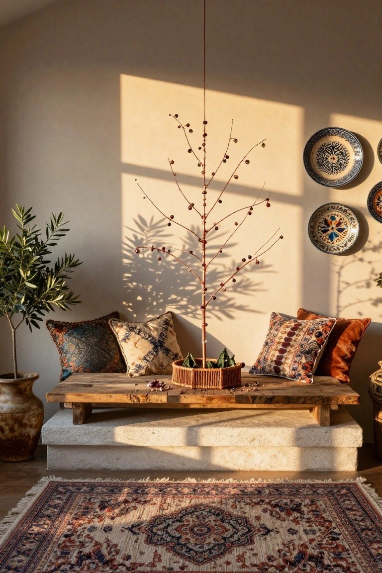 Sunlit indoor seating nook with low wooden table holding potted bare tree with red berries, colorful cushions, olive plant, ceramic plates on beige wall, and patterned rug on floor.