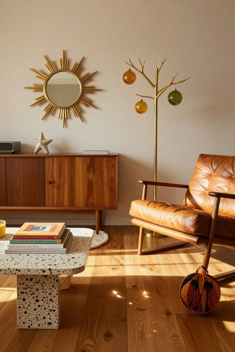 A sunlit living room with a golden branched floor lamp holding amber and green glass ornaments, tan leather armchair, wooden credenza, terrazzo coffee table with stacked books, and colorful fabric ball on the floor.