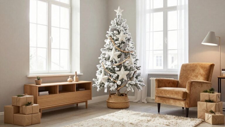 White flocked artificial Christmas tree decorated with white star ornaments, wooden bead garlands, gray ribbons, and fabric stars in a living room corner by large curtained windows, with kraft paper gift boxes in a wicker basket on a white fluffy rug.